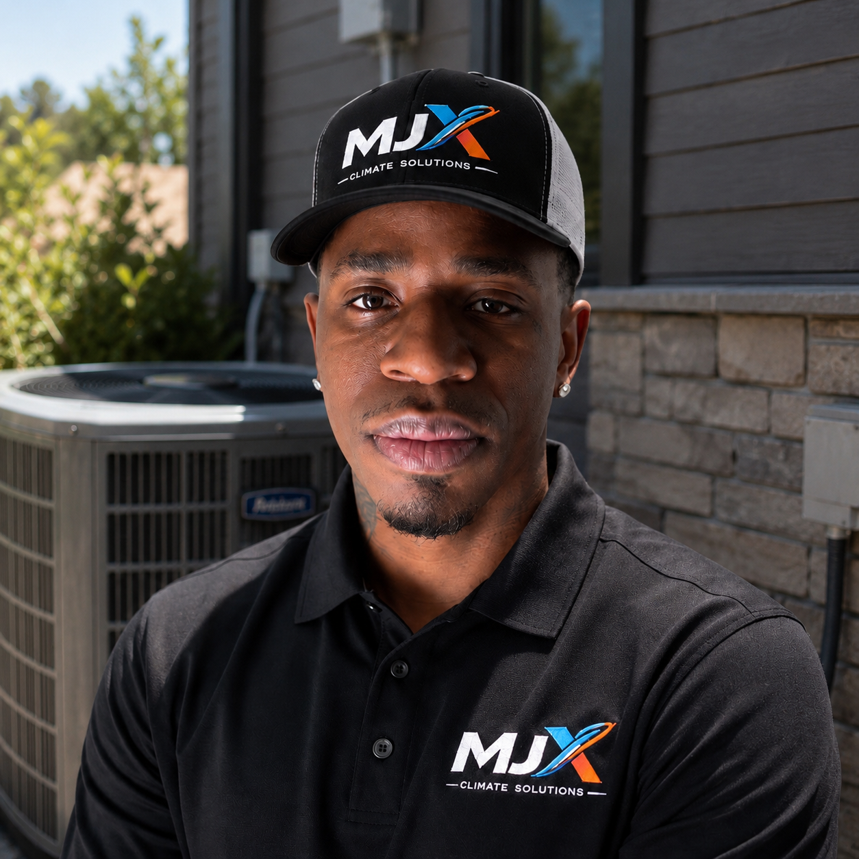 Marcus Jackson, owner of MJX Climate Solutions, in branded uniform beside an outdoor AC condenser unit