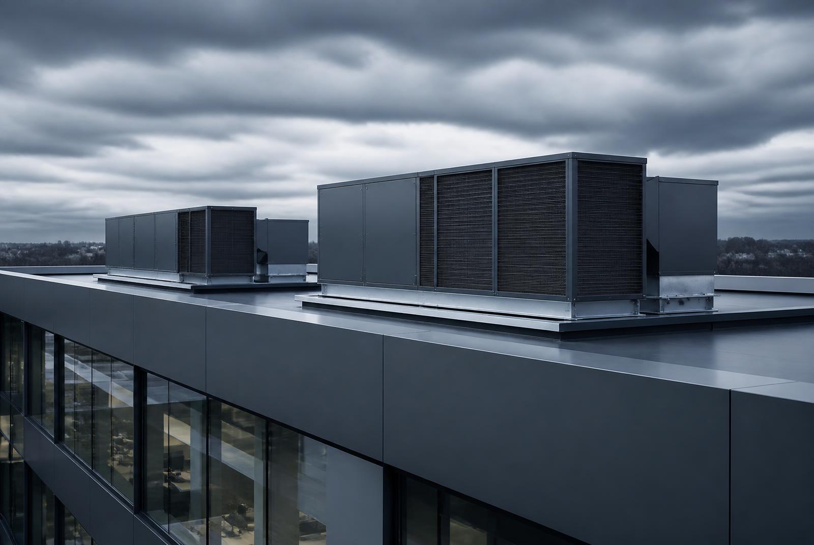 Rooftop packaged HVAC units on a modern commercial building